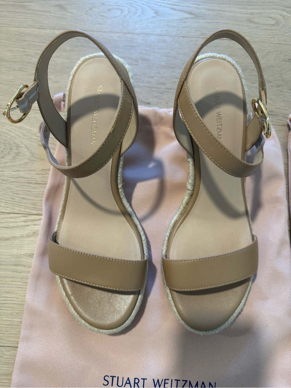 Stuart Weitzman Beige Tan Leather Ankle-Strap Espadrille Wedges